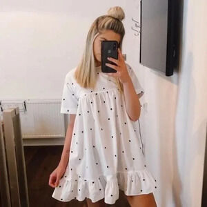 Zara Polka Dot Poplin Embroidered Tie Back  Babydoll Dress White Black Sz Small